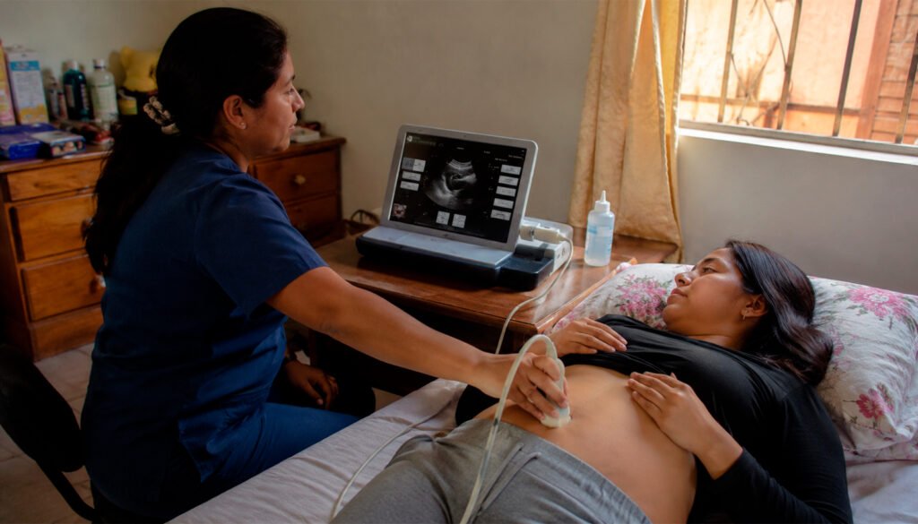 Profesional realizando una ecografía abdominal a domicilio a una paciente