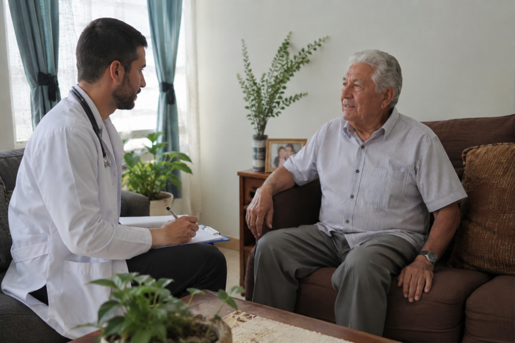 Médico realizando una consulta médica a domicilio a un adulto mayor en Lima