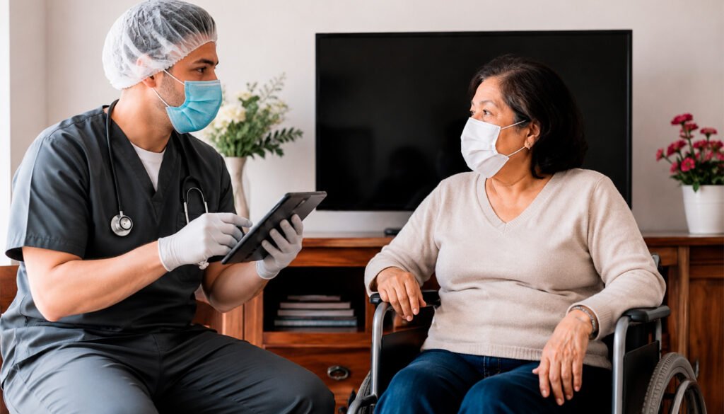 Médico realizando una consulta médica a domicilio a una paciente adulta mayor