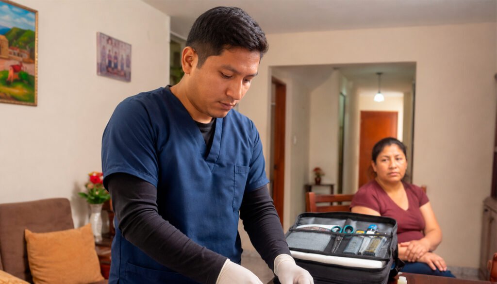 Profesional preparando el material para una toma de muestras a domicilio