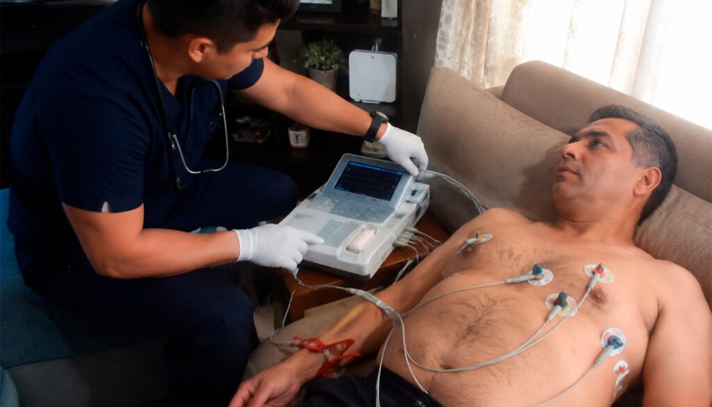 Profesional realizando un electrocardiograma a domicilio a un paciente adulto