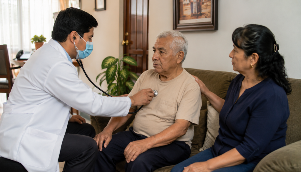 Médico realizando una consulta médica a domicilio a un adulto mayor acompañado por un familiar