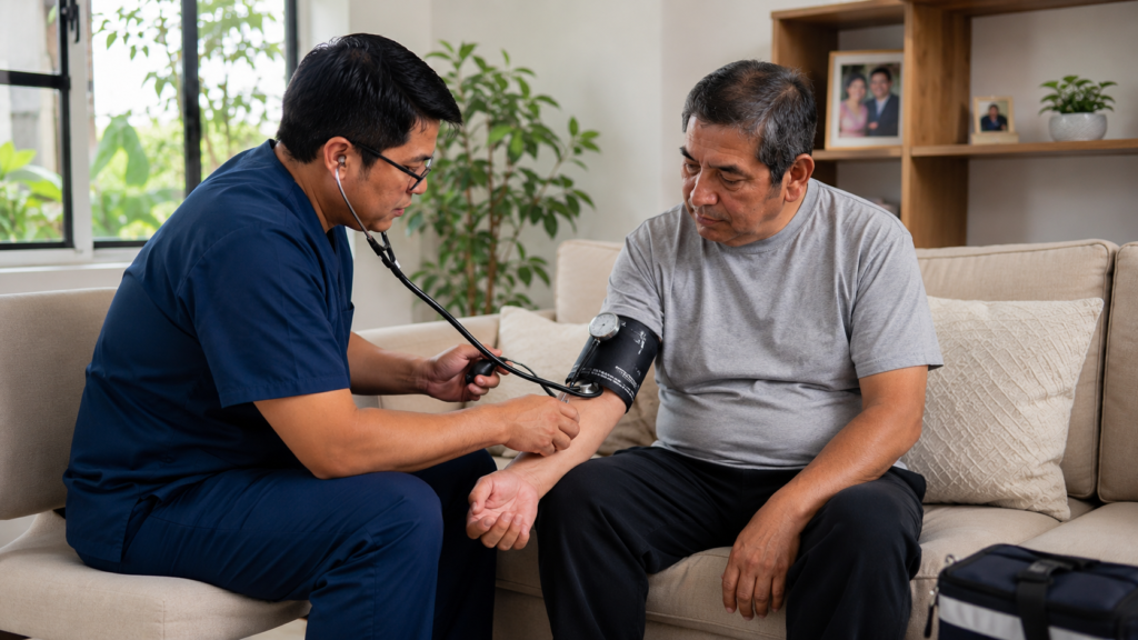 Médico a domicilio evaluando la presión arterial de un paciente en su hogar
