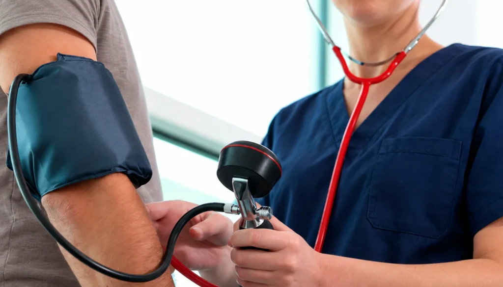 Médico midiendo la presión arterial de una persona para detectar presión alta