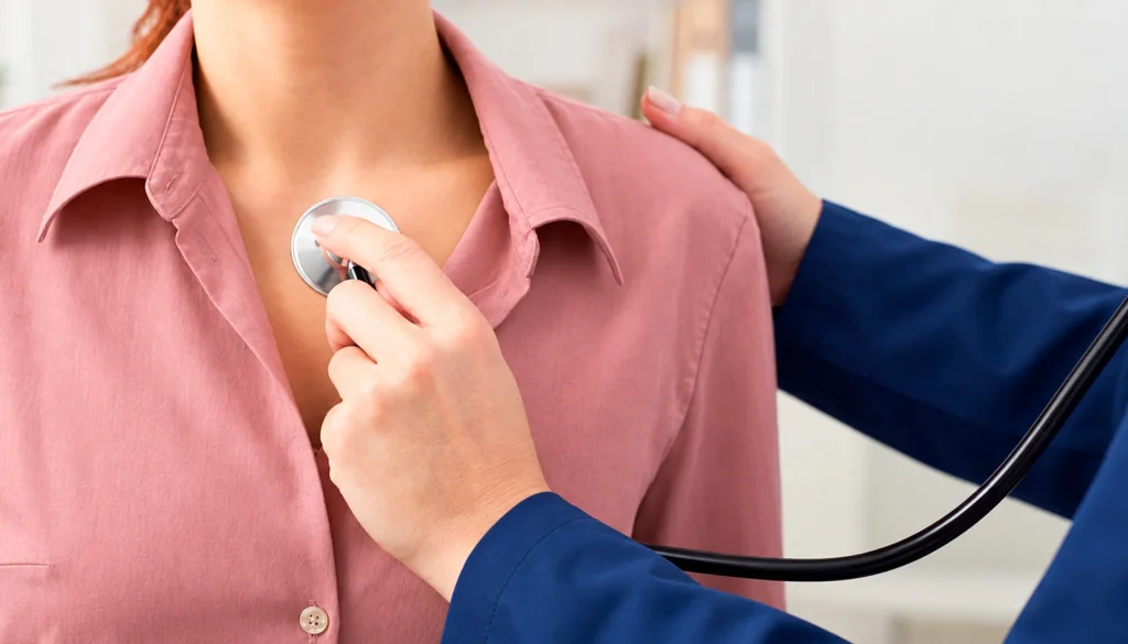 Profesional de salud examinando el pecho de una mujer con un estetoscopio