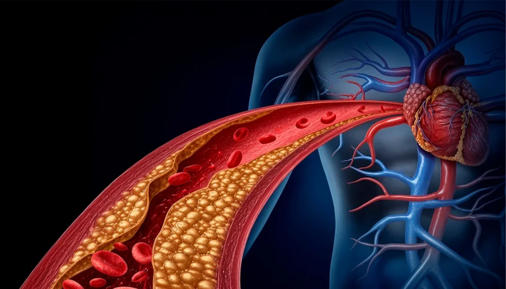Ilustración médica de una arteria con acumulación de placas de colesterol causada por la aterosclerosis.