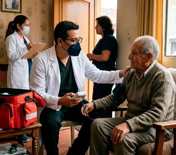 Médico de Apu Salud evaluando y tomando la presión arterial a un adulto mayor en su hogar.