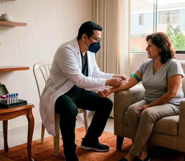 Personal de salud de Apu Salud realizando extracción de muestra de sangre a domicilio para exámenes clínicos.